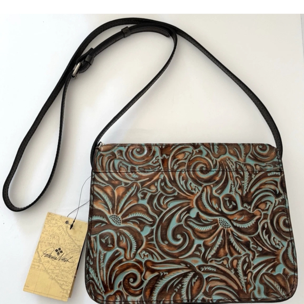 Patricia Nash Brown and Blue Tooled Leather Crossbody Bag